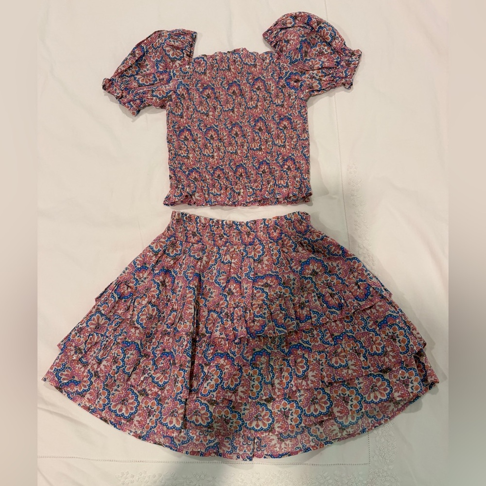 Mini Boden Pink and Blue Floral Tiered Skirt Set